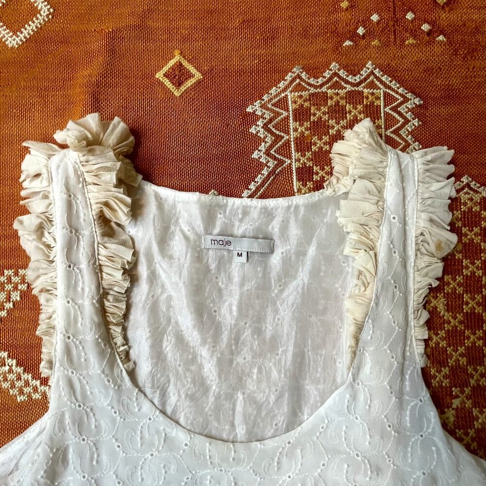 Maje White Eyelet Ruffle Trim Sleeveless Drop Waist Dress – Size M, Romantic